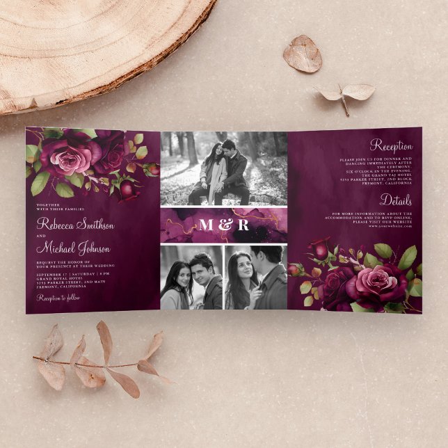 Dark Moody Plum Roses Photo Collage Purple Wedding Tri-Fold Invitation (Creator Uploaded)