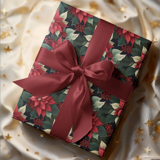 Dark Moody Poinsettia Floral Winter Holiday Wrapping Paper (Elegant Dark and Moody Poinsettia Floral Christmas and Winter Holiday Wrapping Paper)