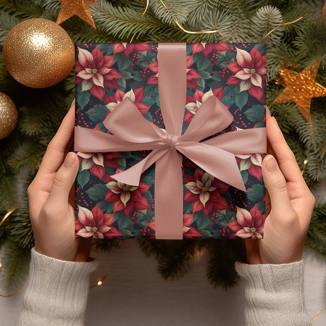 Dark Moody Poinsettia Floral Winter Holiday Wrapping Paper (Elegant Dark and Moody Poinsettia Floral Christmas and Winter Holiday Wrapping Paper)