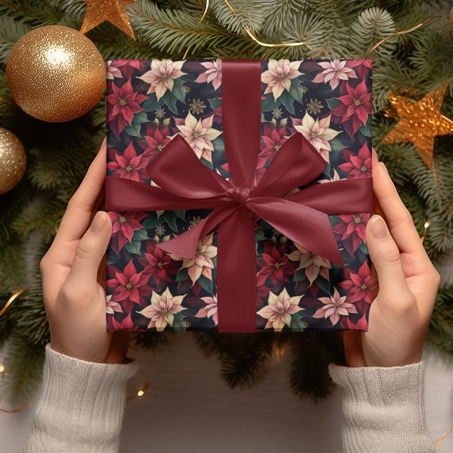 Dark Moody Poinsettia Floral Winter Holiday Wrapping Paper (Elegant Dark and Moody Poinsettia Floral Christmas and Winter Holiday Wrapping Paper)