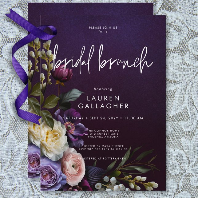 Dark Moody Purple & Cream Floral Bridal Brunch Invitation (Dark Moody Purple & Cream Floral Bridal Brunch Invitation)