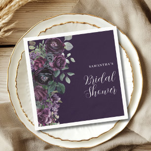 Dark Moody Purple Floral Bridal Shower Napkin
