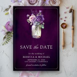 Dark Moody Purple Floral Mason Jar Wedding Save The Date