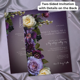 Dark Moody Purple Floral Modern Wedding Two Sided Invitation