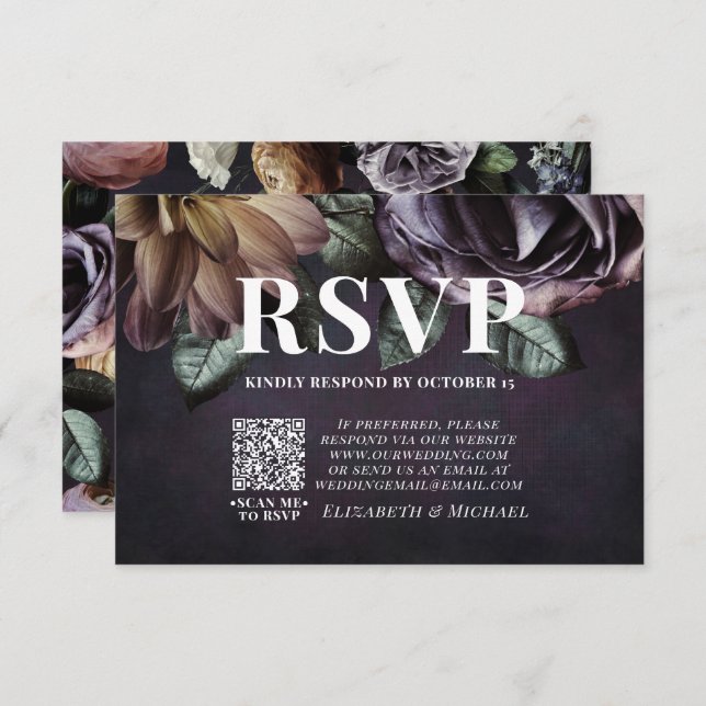 Dark Moody Purple Floral QR Code Wedding RSVP Card (Front/Back)