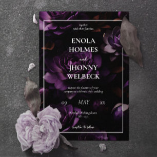 Dark Moody Purple Floral Wedding Invitation