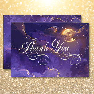 Dark Moody Purple & Gold Moonlit Clouds Wedding Thank You Card