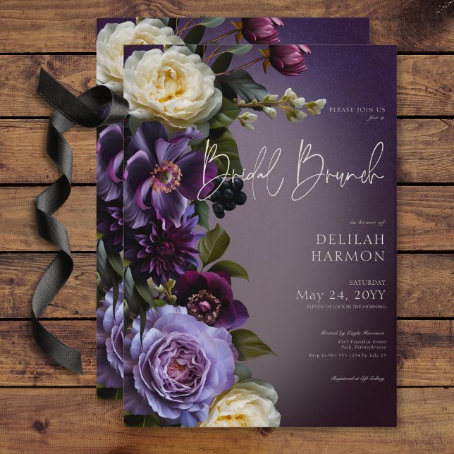 Dark Moody Purple & Lavender Floral Bridal Brunch Invitation (Dark Moody Purple & Lavender Floral Bridal Brunch Invitation)