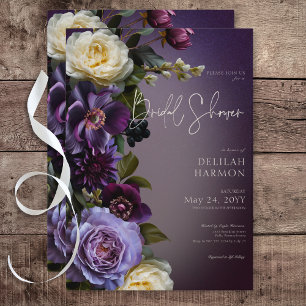 Dark Moody Purple & Lavender Floral Bridal Shower Invitation