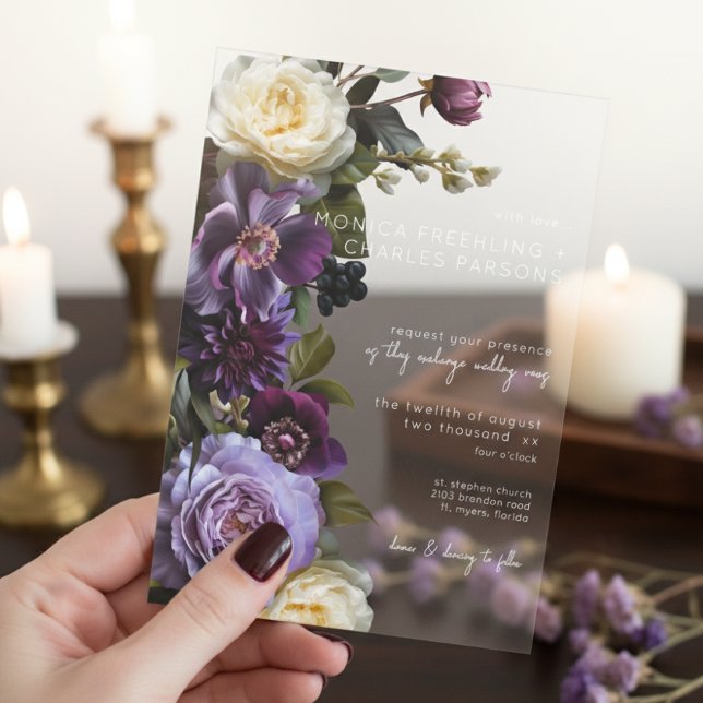 Dark Moody Purple Lavender Floral Modern Wedding Acrylic Invitations (Creator Uploaded)