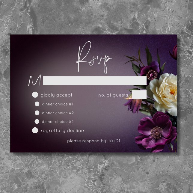 Dark Moody Purple Lavender Floral Modern Wedding RSVP Card (Dark Moody Purple & Lavender Floral Modern Wedding RSVP Card)
