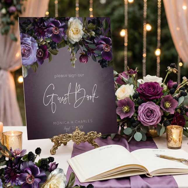 Dark Moody Purple Lavender Floral Wedding Guest Pedestal Sign (Creator Uploaded)