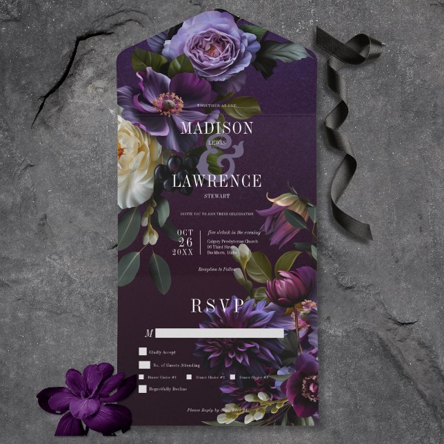 Dark Moody Purple & White Floral Dinner All In One Invitation (Dark Moody Purple & White Floral All In One Wedding Invitation with Dinner Options)
