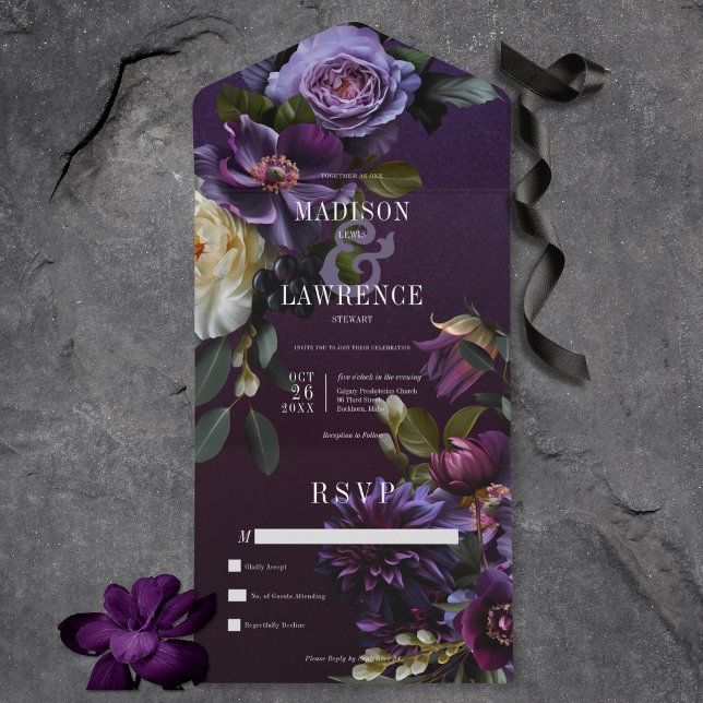 Dark Moody Purple & White Floral No Dinner All In One Invitation (Dark Moody Purple & White Floral All In One Wedding Invitation without Dinner Options)