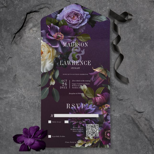 Dark Moody Purple & White Floral QR Code All In One Invitation (Dark Moody Purple & White Floral All In One Wedding Invitation with QR Code)
