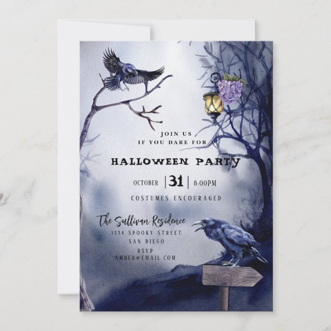 Dark Moody Raven Night Halloween Party Invitation (Front)