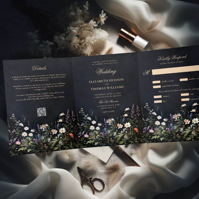 Dark Moody Romance Wildflowers All in One Wedding Tri-Fold Invitation (moody dark romantic wedding invitation dusk garden wild flowers black all one seal send modern chic)
