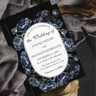 Dark Moody Romantic Blue Floral Wedding Invitation