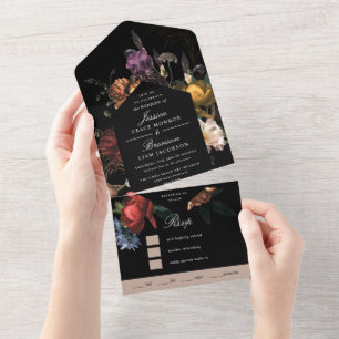 Dark Moody Romantic Floral Dutch Painterly Wedding All In One Invitation