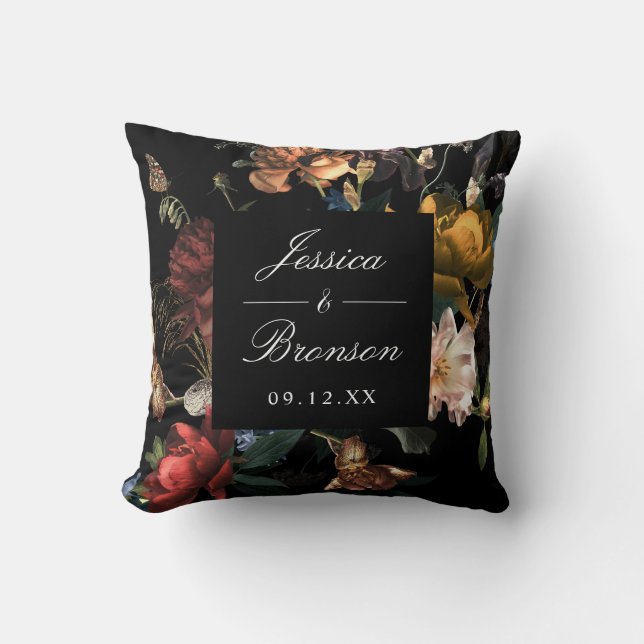 Dark Moody Romantic Floral Dutch Painterly Wedding Cushion (Front)