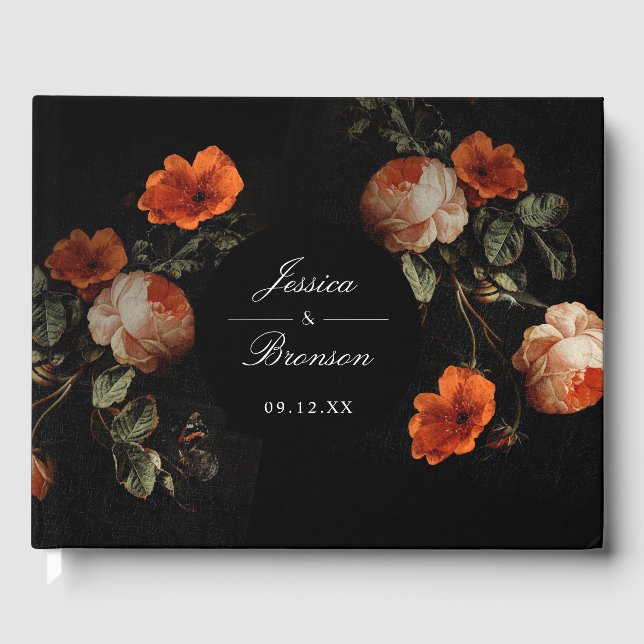 Dark Moody Romantic Floral Dutch Painterly Wedding Guest Book (Front)