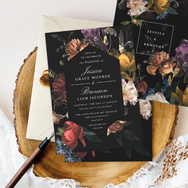 Dark Moody Romantic Floral Dutch Painterly Wedding Invitation (Creator Uploaded)