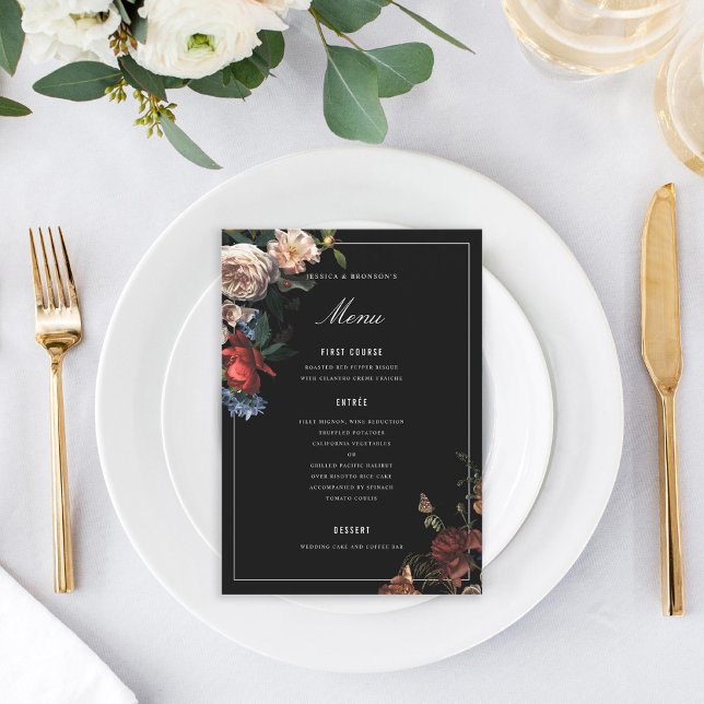 Dark Moody Romantic Floral Dutch Painterly Wedding Menu (Creator Uploaded)