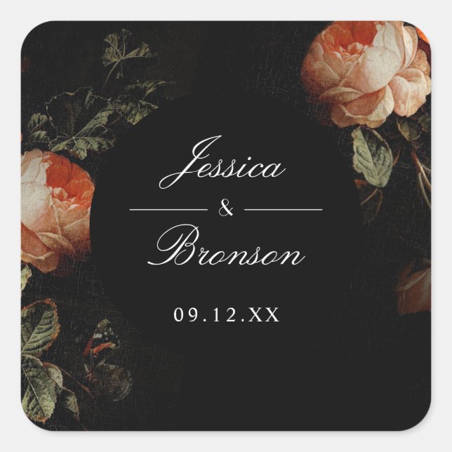 Dark Moody Romantic Floral Dutch Painterly Wedding Square Sticker (Front)