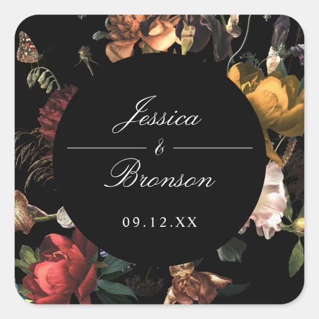 Dark Moody Romantic Floral Dutch Painterly Wedding Square Sticker (Front)
