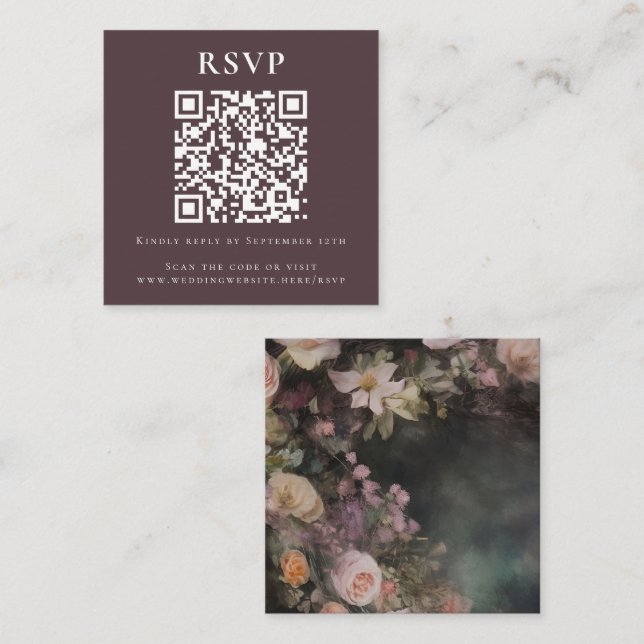 Dark Moody Romantic Floral QR Code Wedding Online Enclosure Card (Front/Back)