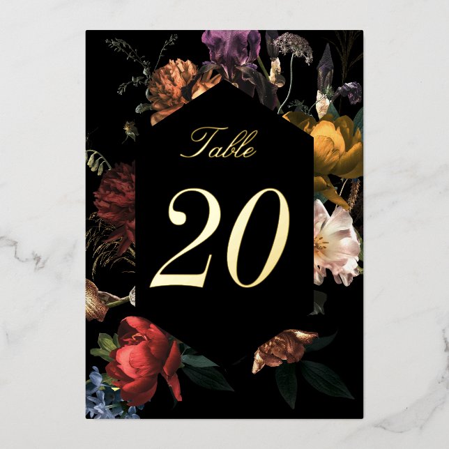 Dark Moody Romantic Floral Rose Foil Table Numbers (Front)