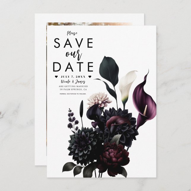Dark Moody Romantic Floral Wedding Save the Date Invitation (Front/Back)