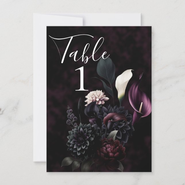Dark Moody Romantic Floral Wedding Table Number  (Front)