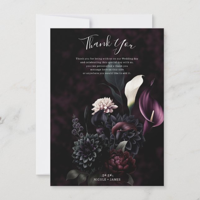 Dark Moody Romantic Floral Wedding Thank You Invitation (Front)