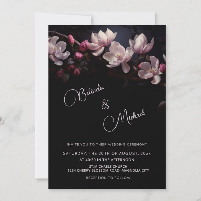 Dark  Moody Romantic Magnolia Flowers Invitation (Front)