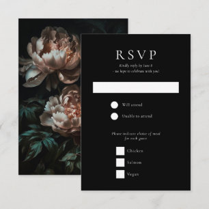 Dark Moody Romantic Peony Flowers Wedding RSVP Card