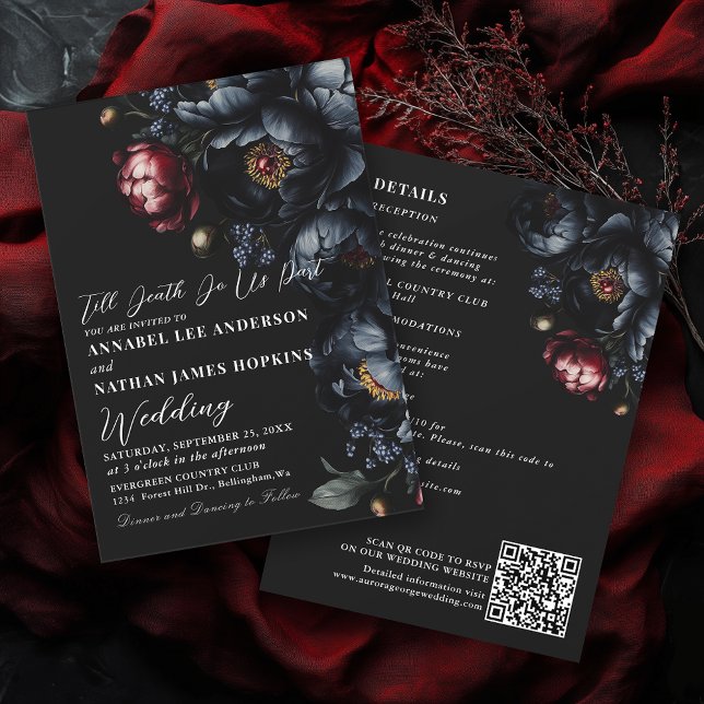 Dark Moody Romantic Peony Gothic Wedding QR Code Invitation (Creator Uploaded)