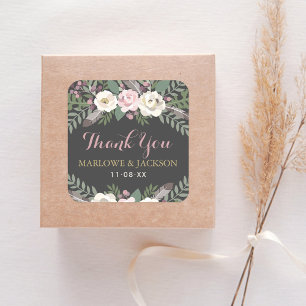 Dark Moody Rose Floral Thank You Monogram Square Sticker