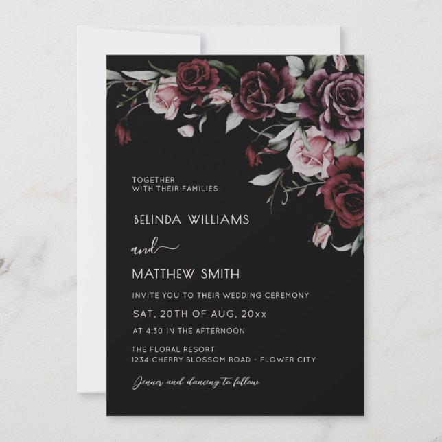 Dark Moody Roses Black Background | Photo Wedding Invitation (Front)