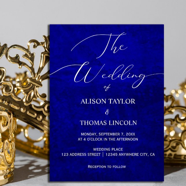 Dark Moody Royal Blue with scratches  Invitation ("Dramatic and chic – our scratched royal blue invitation with elegant white calligraphy #royalblue)