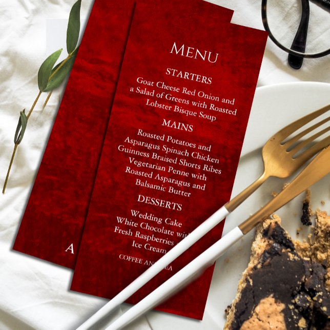 Dark Moody Royal Red with Scratches Menu Invitation (Dramatic and chic, our scratched red invitation with elegant white calligraphy. #menuinvitation)