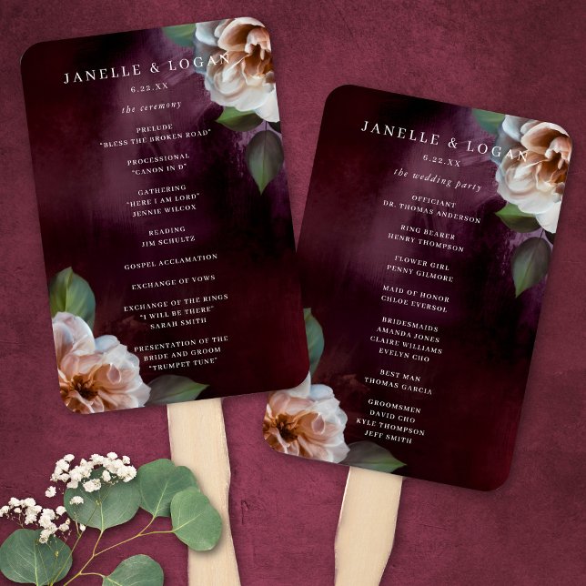Dark + Moody Rustic Floral Wedding Program  Hand Fan (Creator Uploaded)
