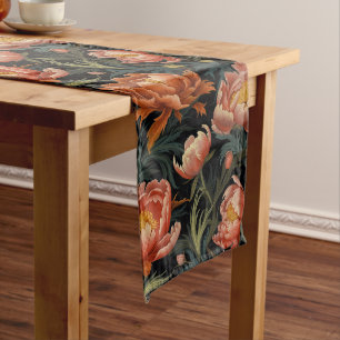 Dark & Moody Vibrant Orange Peony Flowers Long Table Runner