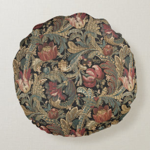 Dark Moody Vintage Floral Botanical Pattern Round Cushion