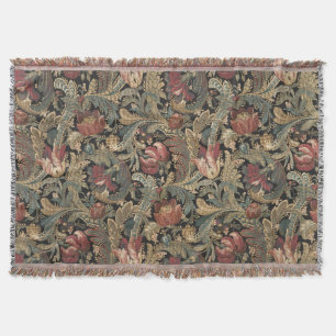 Dark Moody Vintage Floral Botanical Pattern Throw Blanket