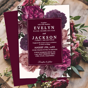 Dark moody Watercolor floral fall Winter Wedding Invitation