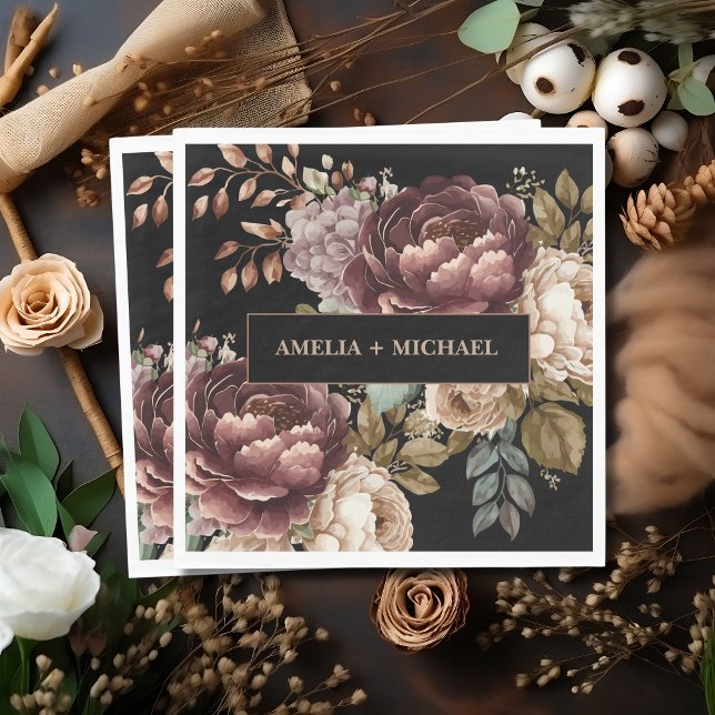 Dark moody watercolor floral fall winter wedding napkin (Creator Uploaded)