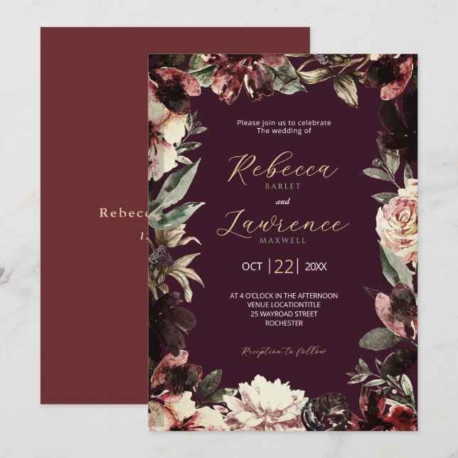 Dark moody watercolor floral wedding invitation (Front/Back)
