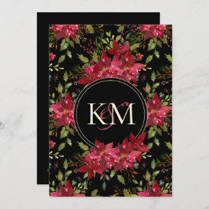 Dark Moody Wedding Claret Red Poinsettia Monogram Invitation