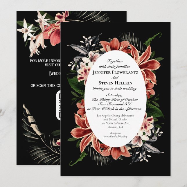 Dark Moody Wedding Invitation QR Code Botanical (Front/Back)